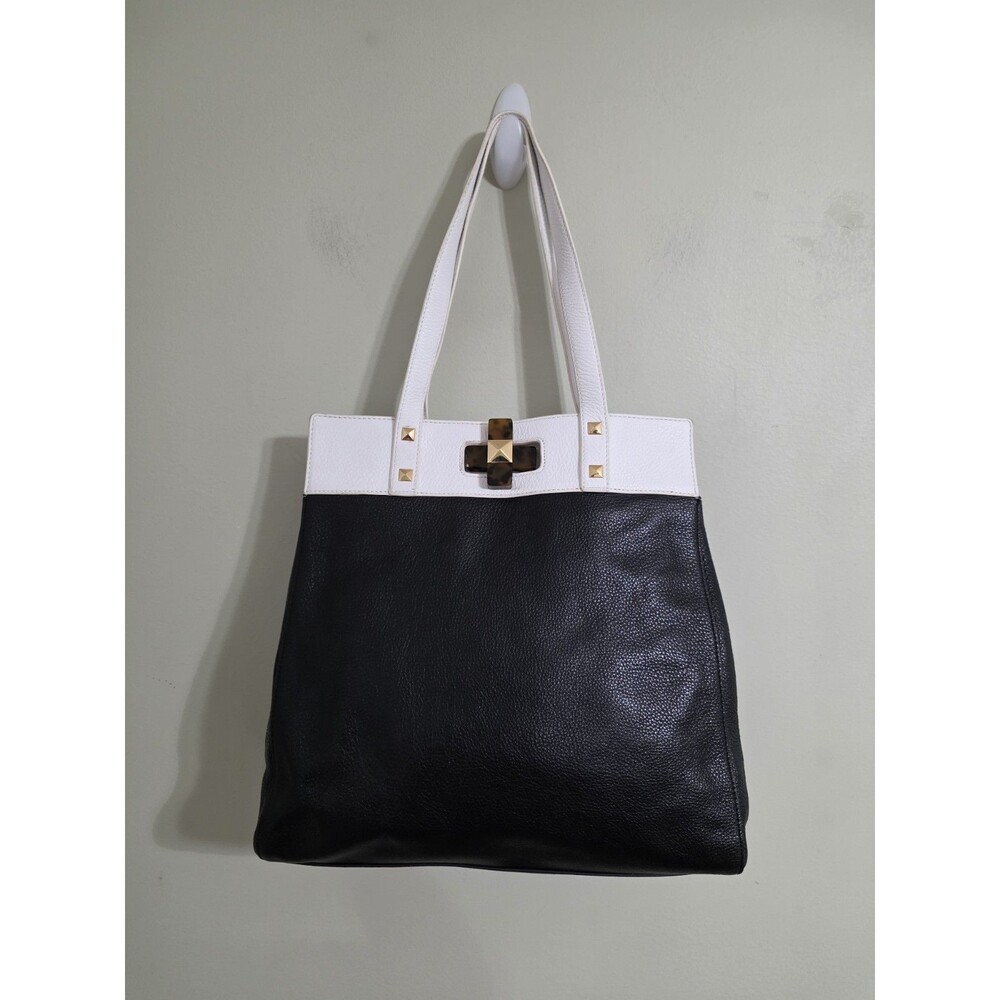 Badgley Mischka Maya Tote Color Block Latte & Black Leather  In Excellent